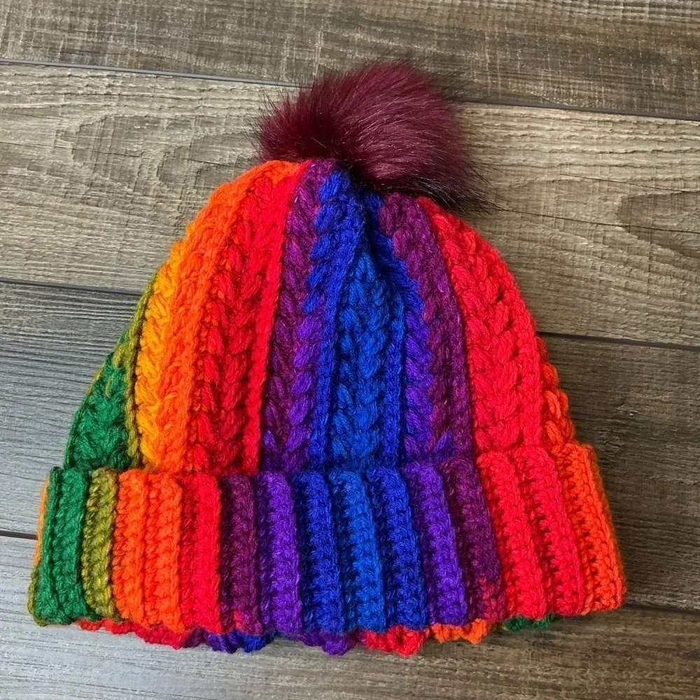 Handcrafted Crochet Multicolor Winter Hat Snowy Wheat Knit Beanie with Pom Pom